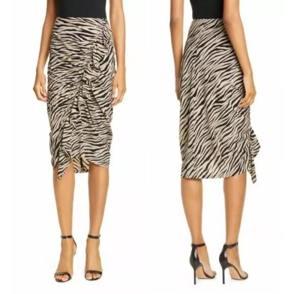 ALC Metz Tiger Print Stretch Silk Skirt Women's Sz 2 Tan Black Ruffled Faux-Wrap